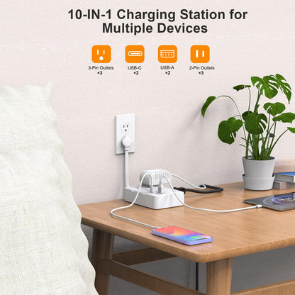 Flat Plug Power Strip Surge Protector, 5ft Ultra Thin Extension Cord with 4 USB Wall Charger(2 USB C Port), 6 Widely-Spaced Outlets Power Strip Compact for Travel, Office, Dorm Room Essentials (White)