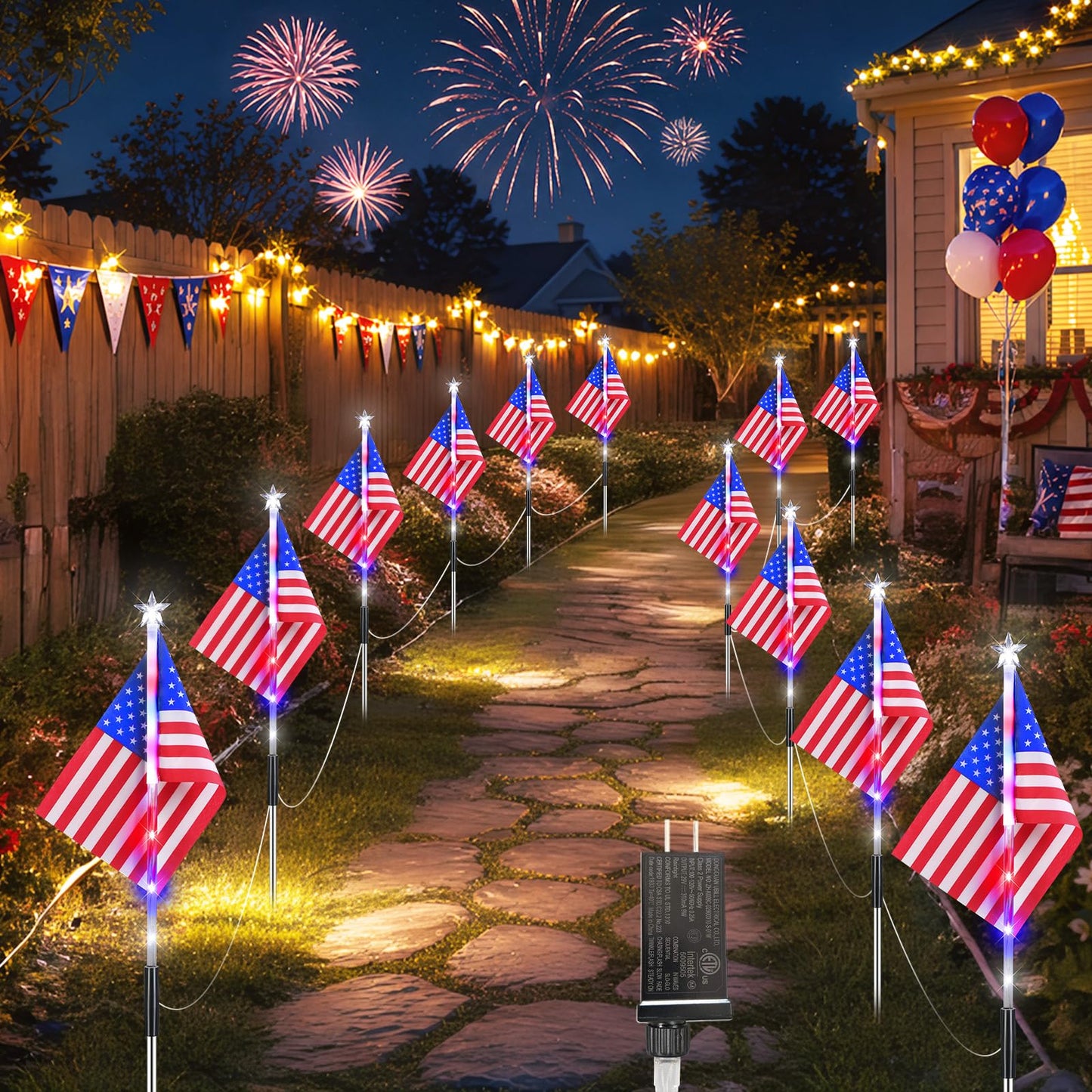 DTNESS 12 Pack 108 LED American Flag Pathway Lights, 4th of July Decoration Outdoor, Waterproof Patriotic USA Flag Stake Lights w/ 8 Modes, Red White Blue Lights for Memorial Day Independence Day