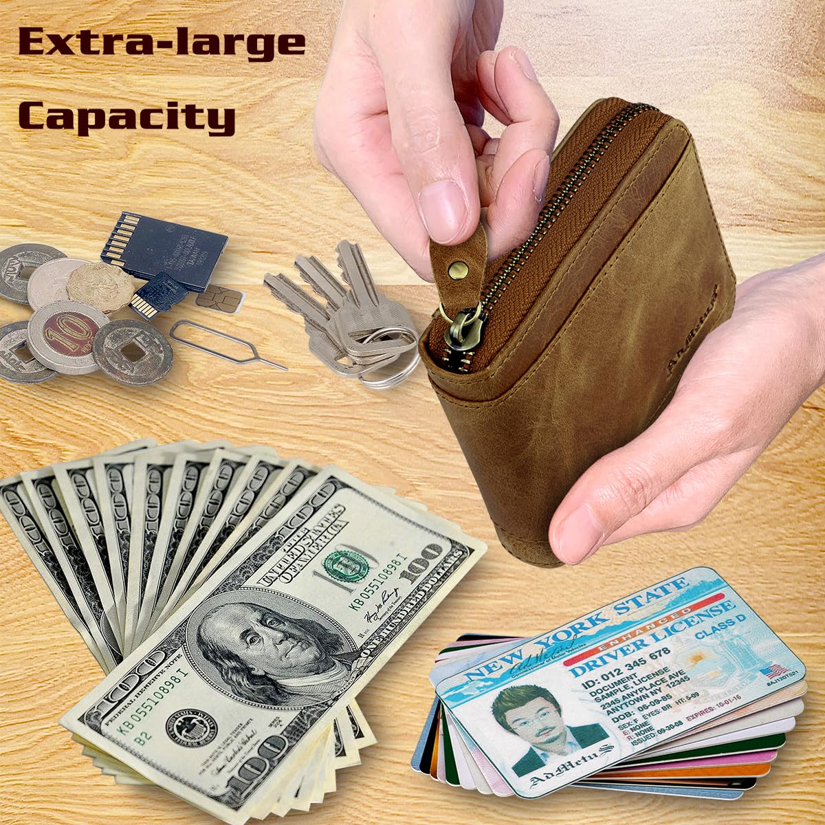 Mens RFID Blocking Wallets Zipper Leather Wallet for Men Bifold RFID Card Holder Tan