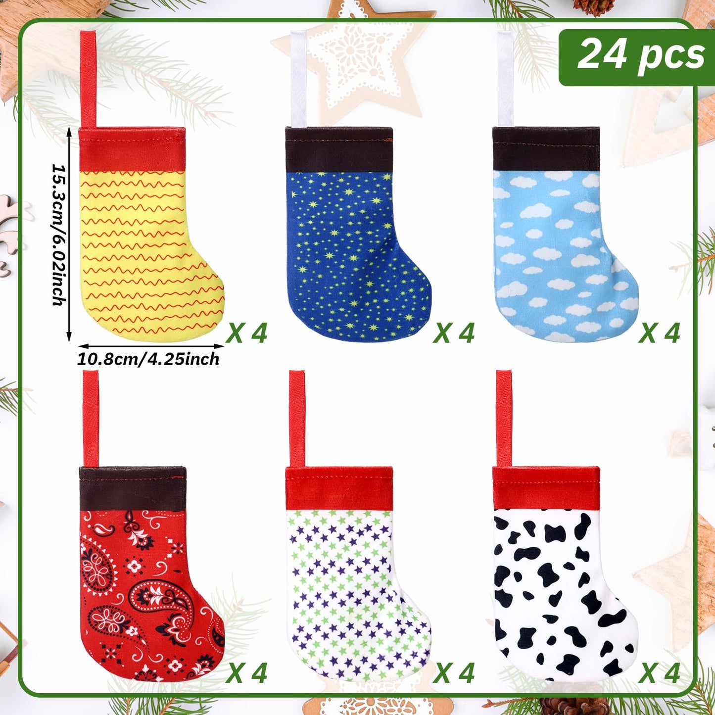 Realspring 24 Pack Christmas Mini Cartoon Stockings 6 Inch Christmas Cow Blue Sky White Cloud Hanging Tree Ornament Stockings Filling Gift Fireplace Decorations Supplies for Xmas Holiday Present