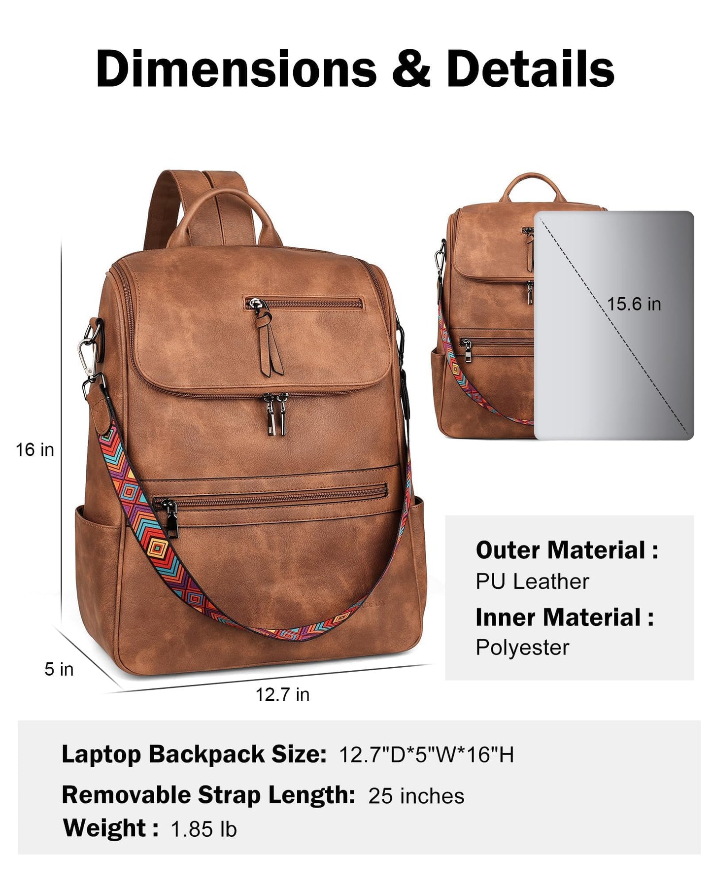FADEON Laptop Backpack for Women Leather Travel Backpack with Laptop Compartment, Designer Ladies Computer Backpacks Brown