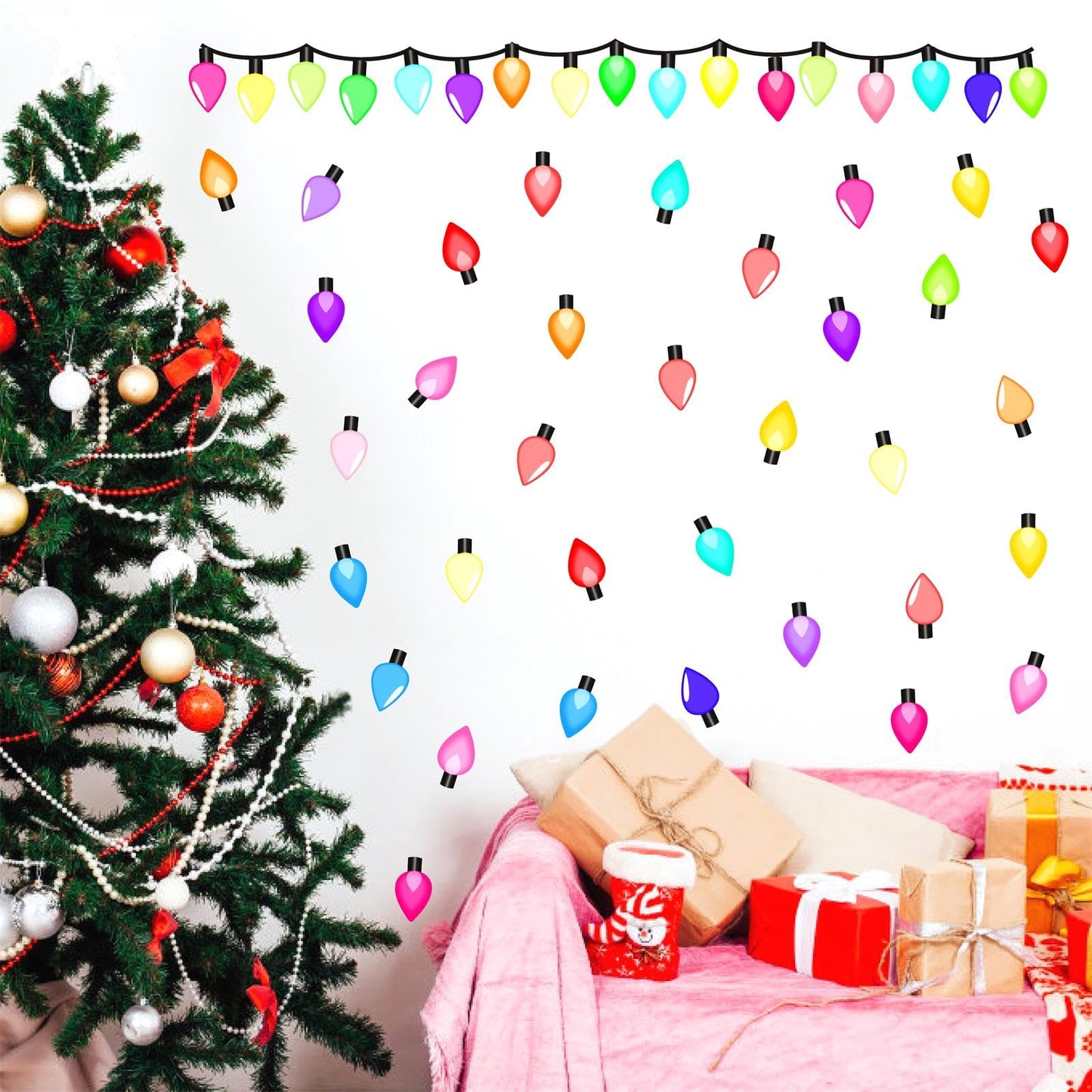 Christmas Light Window Decals Clings Double Sided Colorful Lights Wall Stickers Merry Christmas Window Wall Stickers Holiday Xmas Bright Windows Decals Holiday Light Bulb Windows Decorations