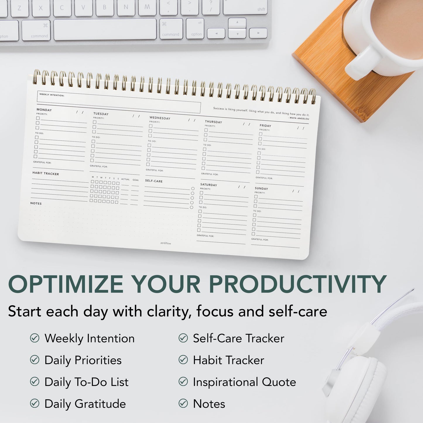 Zen & Flow - Undated Weekly Planner, Dashboard Desk Pad, To Do List Notepad, Productivity, Habit Tracker, Desk Notepad, Dashboard Planner
