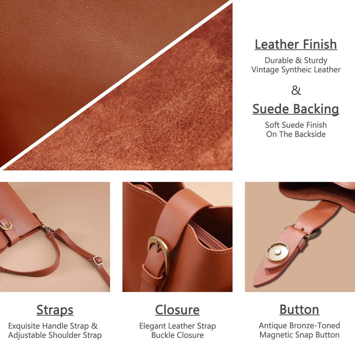 Town Bucket Vegan Leather Bag For Women (Light Brown Camel) Hobo Retro Faux Casual Purse Classic Vintage Simple Shoulder Handbag