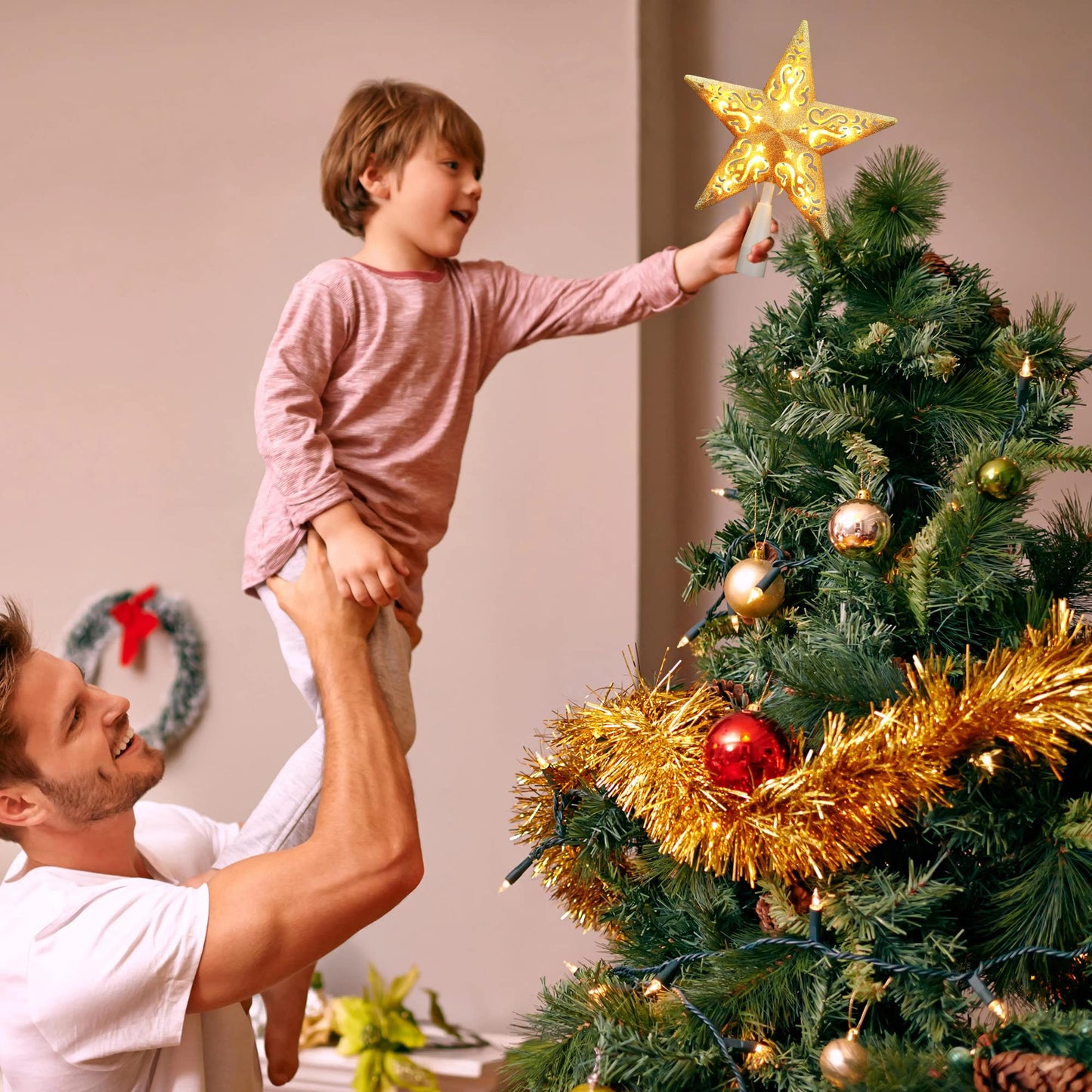 Brizled Gold Christmas Tree Topper, 8” 3D Christmas Star Topper, Glittered Hollow Xmas Tree Topper with 10 Warm White Lights, UL Certified Lighted Xmas Star Treetop for Holiday Home Decoration