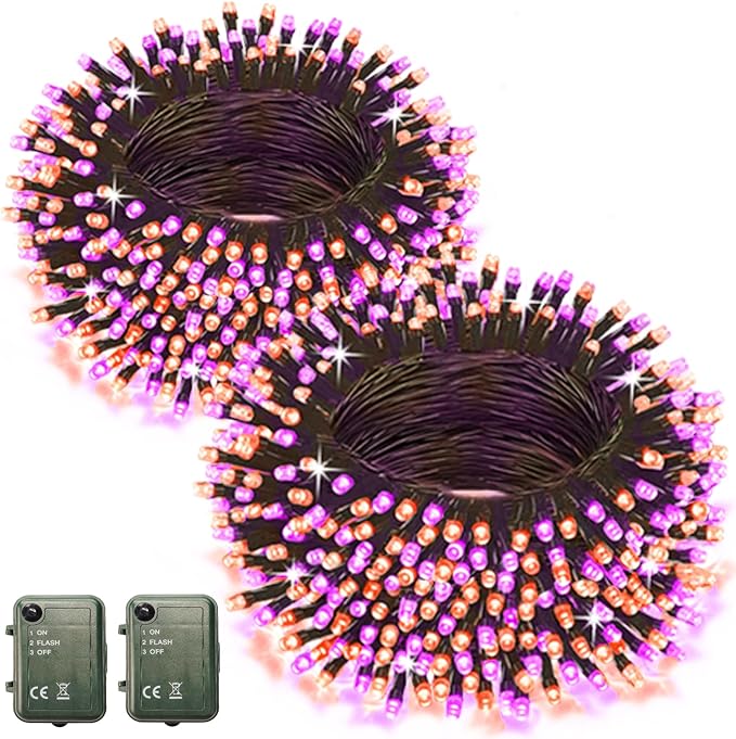 Pooqla Halloween Lights Battery Operated, Indoor Outdoor String Lights Total 200LED 16.6Ft*4, 50LED*4 Waterproof Fairy Lights for Halloween Decor, Orange and Purple, 4 Pack