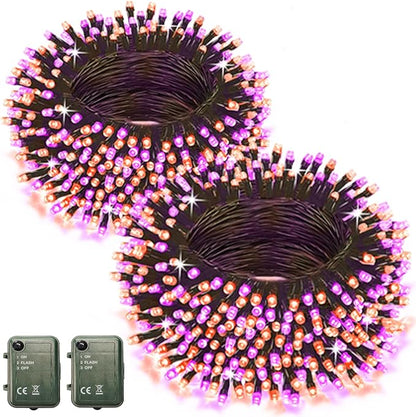 Pooqla Halloween Lights Battery Operated, Indoor Outdoor String Lights Total 200LED 16.6Ft*4, 50LED*4 Waterproof Fairy Lights for Halloween Decor, Orange and Purple, 4 Pack