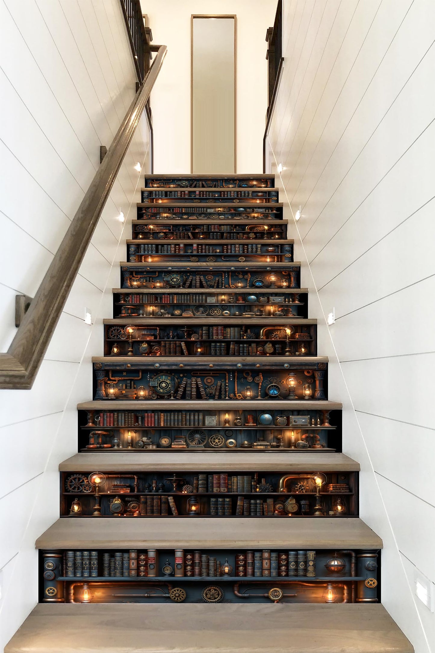 AMAZING WALL Peel and Stick Stair Riser Decals,Steampunk Library Bookshelf Design,Removable,Set of 12