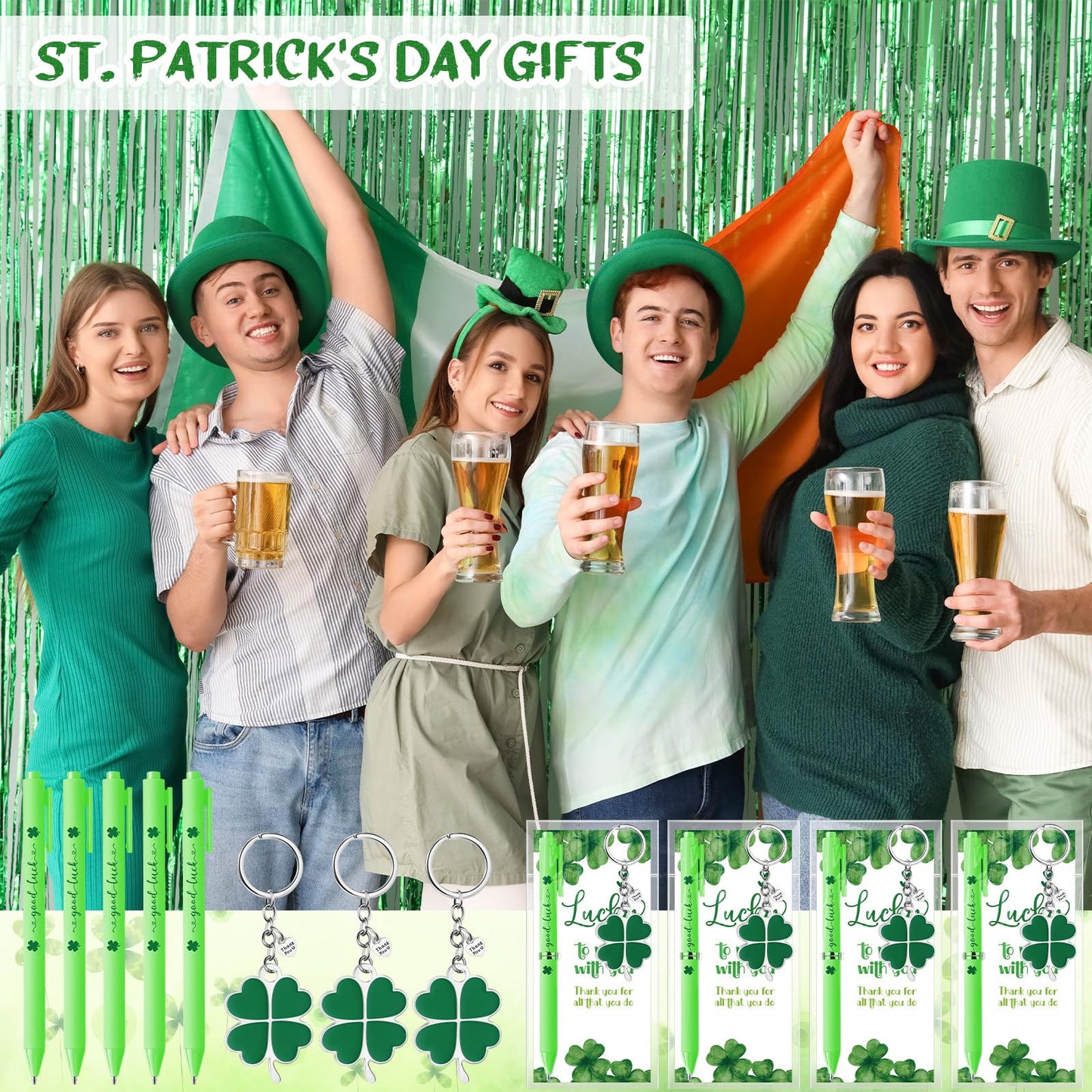 Fullhawl 12 Sets Shamrock Pen Gifts Bulk for Employee Good Luck Ballpoint Pens Clover Keychains with Thank You Cards for Teacher End of Year Team Staff Coworker Graduation