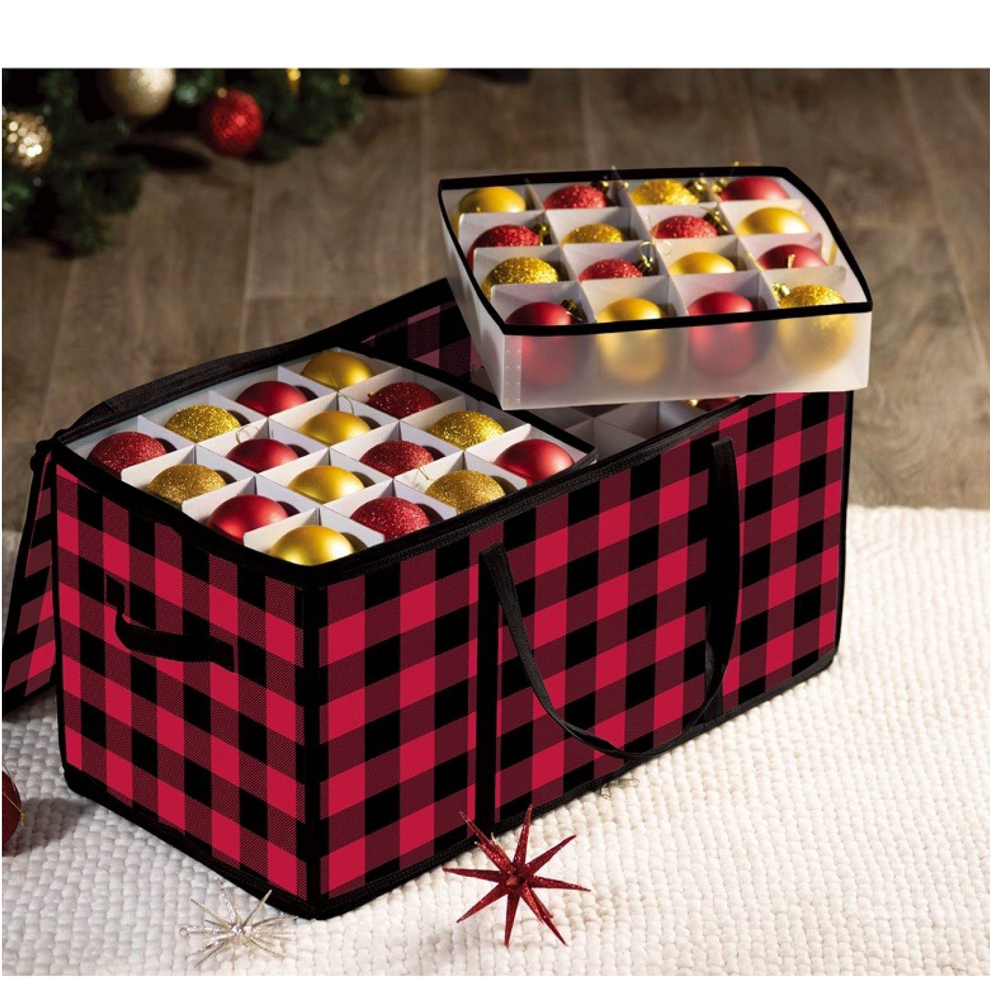 ZOBER Christmas Ornament Storage Box Plastic - Stores 128 3" Ornaments with Individual Trays - Ornament Organizer Storage Box, Durable Christmas Containers Holder - Plaid