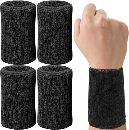 Absorbent Wrist Sweatbands - Breathable Cotton Athletic Bands for Sports | 6 Inch, 4 Pack