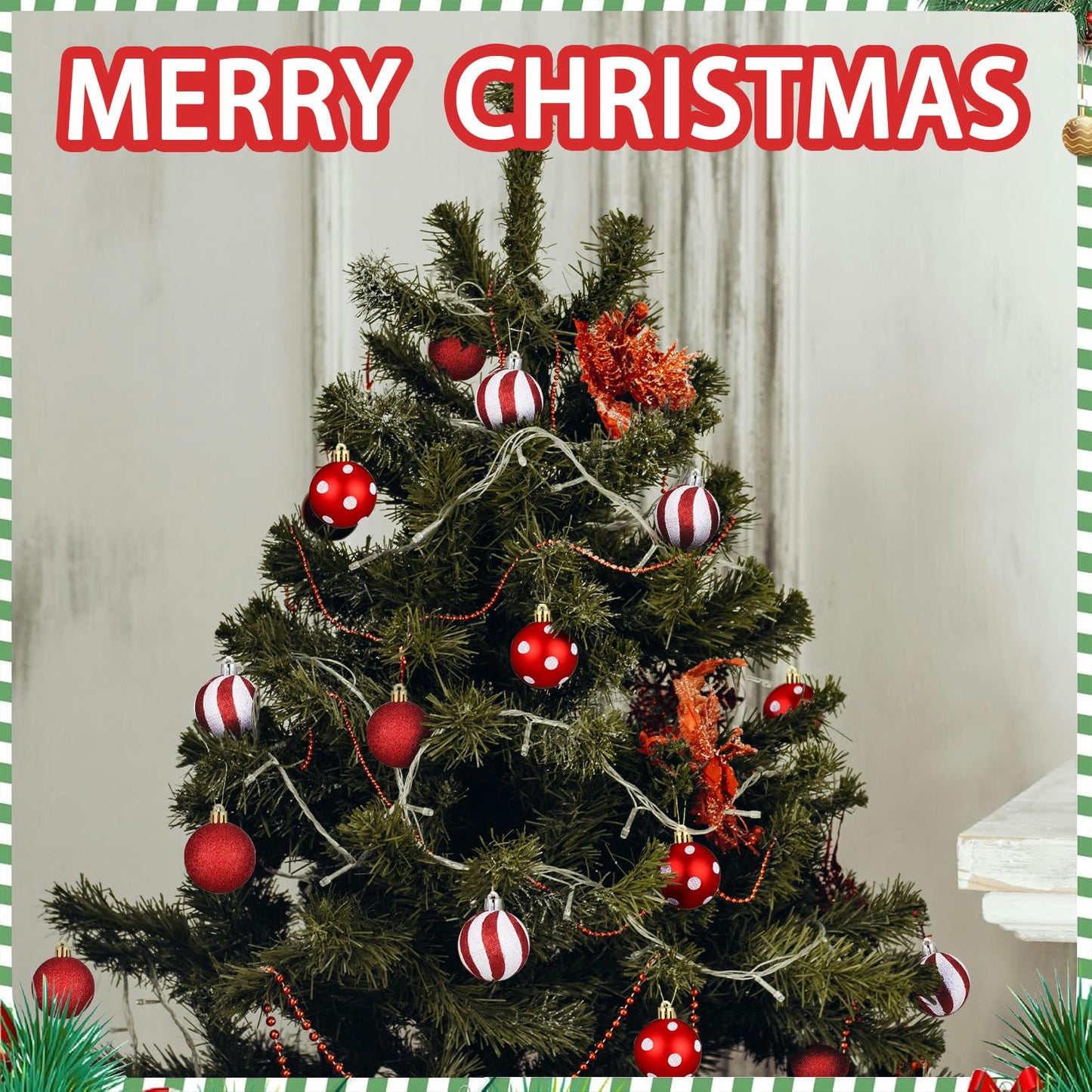 24Pcs Christmas Balls Ornaments Red White Polka Dots Stripes Decor 2.36Inch