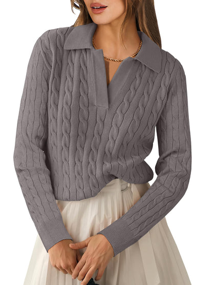 ANRABESS Womens Cable Knit Sweaters Long Sleeve V Neck Sweater Tops Casual Pullover Polo Shirts 2025 Fall Fashion Outfits