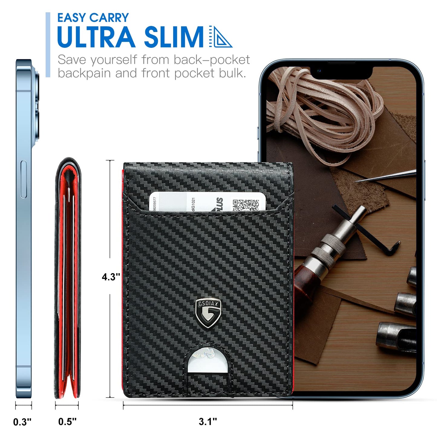 GSOIAX Slim Wallet for Men RFID Blocking Bifold Wallet Carbon Fiber Front Pocket Wallet with 11 Card Holder Minimalist Mens Wallet with Gift Box(Carbon Black and Red)