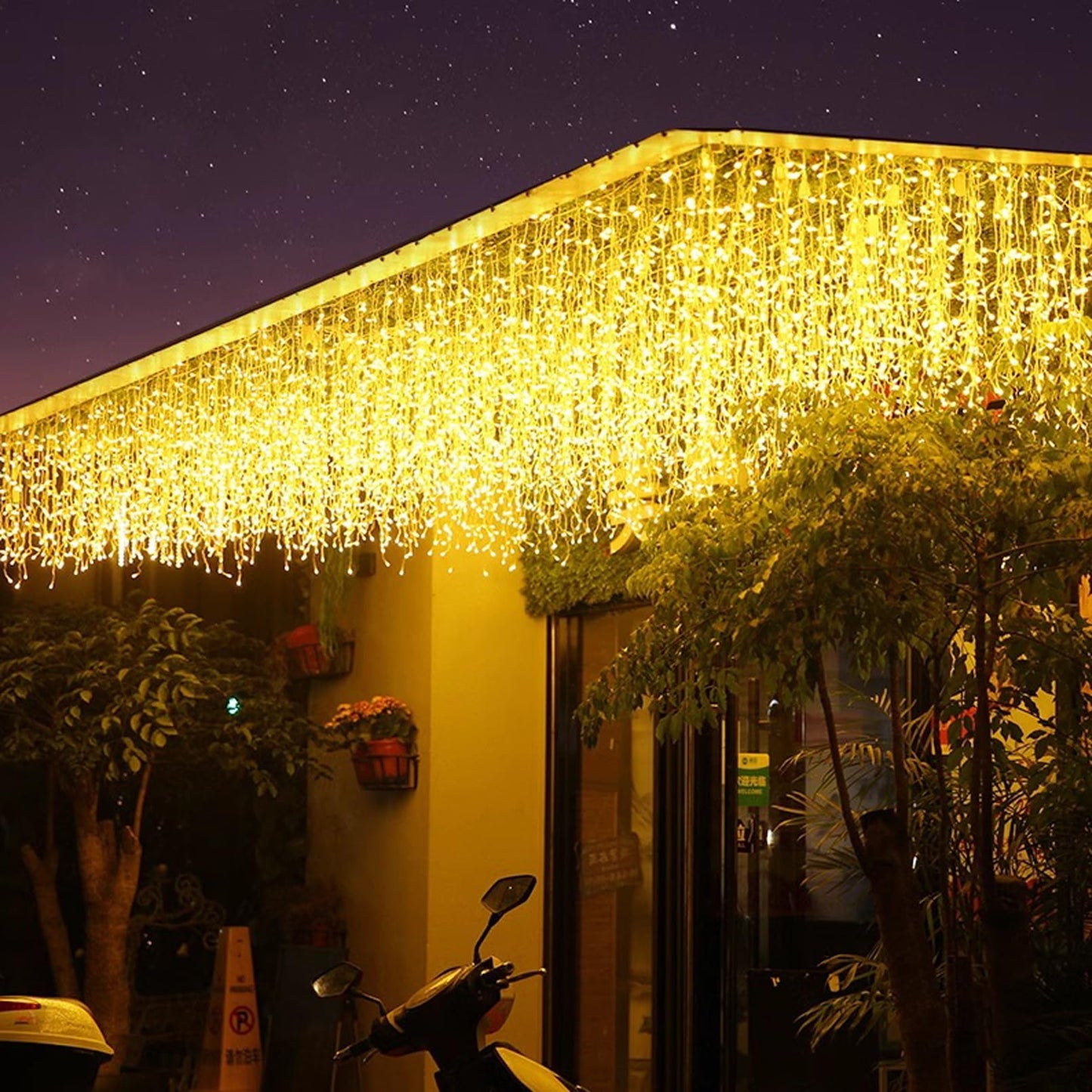 JAMISAY LED Icicle Lights, 8 Modes 16.4FT 112 LEDs Christmas Short Curtain Fairy Hanging Ceiling Extendable Lights for Wedding Balcony Doorway Outdoor Indoor Decoration Warm White, 5M04