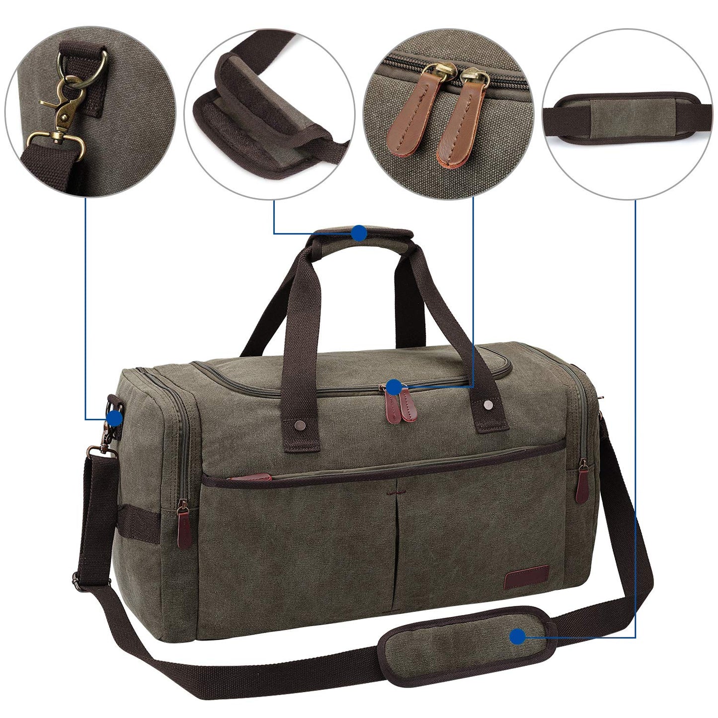 S-ZONE Large Canvas Travel Duffel Bag Weekend Overnight Bag with Shoes Compartment Holdall Gym Bag with Multi-Pockets for Men and Women, Army Green, X-Large