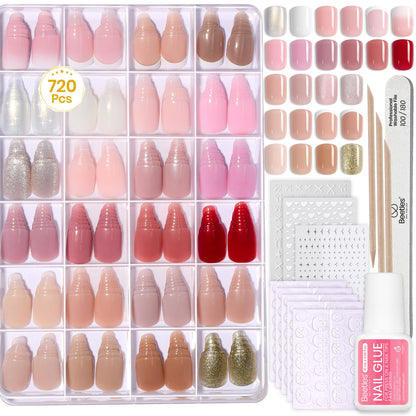 Beetles Press on Nails Kit 720Pcs 24 Colors, Press on Nails Short Almond Glossy Matte Glitter With Nail Glue & Nail Tabs Stickers, Natural Fit Lightweight Fake Nails Kit Art For Women Girls