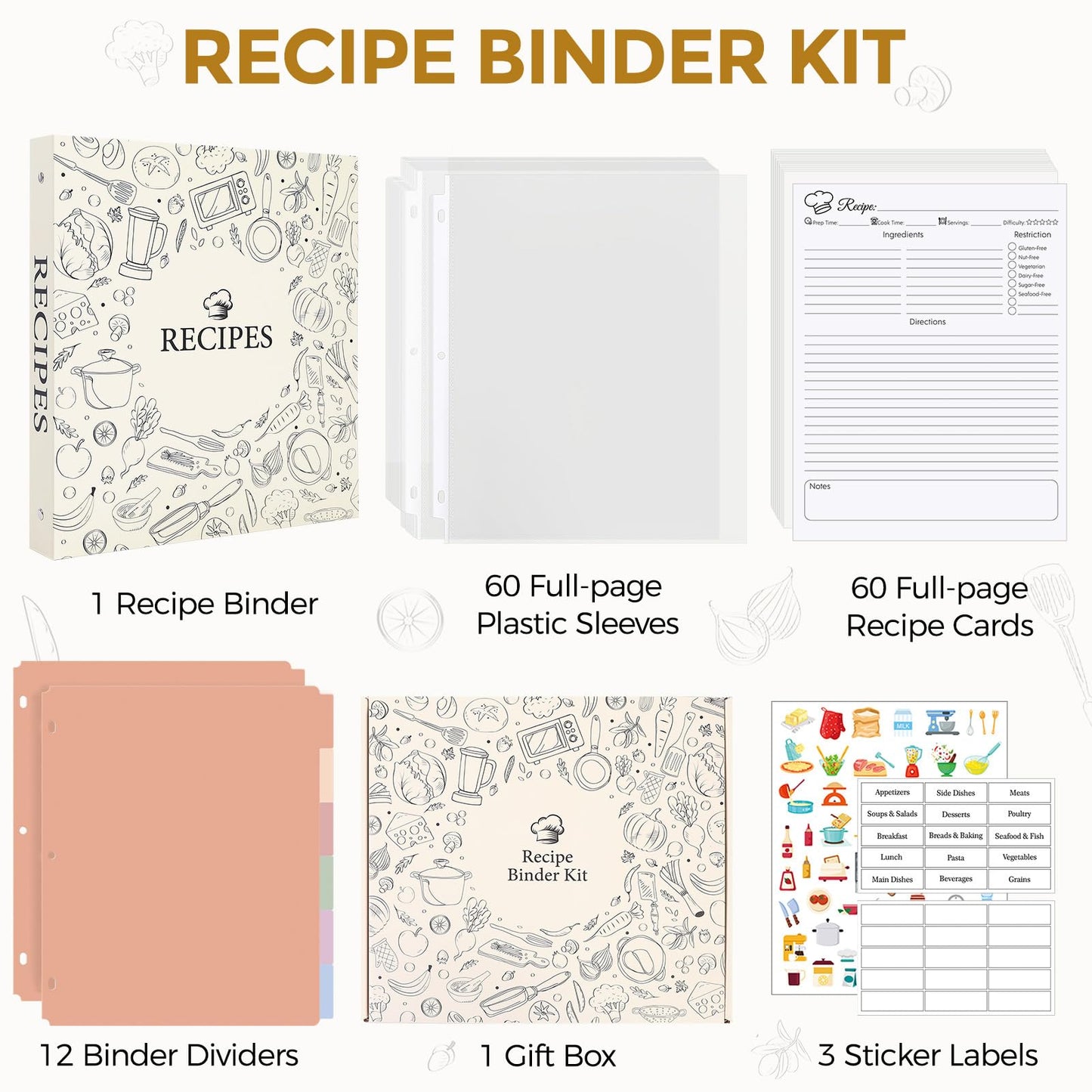Recipe Binder 8.5x11 3 Ring, 1" Round Rings, Recipe Book to Write in Your own Recipes, Recipe Binder with 60 Plastic Sleeves, 12 Dividers, 60 Blank Recipe Cards, Family Recipe Organizer