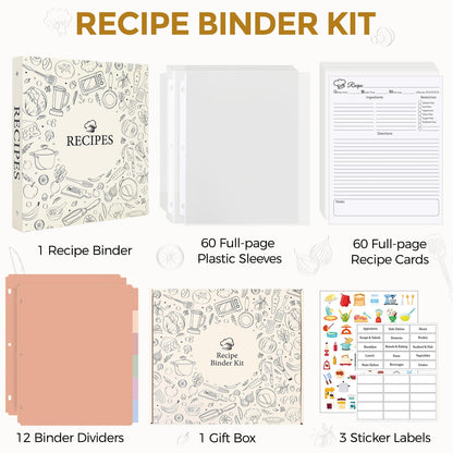 Recipe Binder 8.5x11 3 Ring, 1" Round Rings, Recipe Book to Write in Your own Recipes, Recipe Binder with 60 Plastic Sleeves, 12 Dividers, 60 Blank Recipe Cards, Family Recipe Organizer