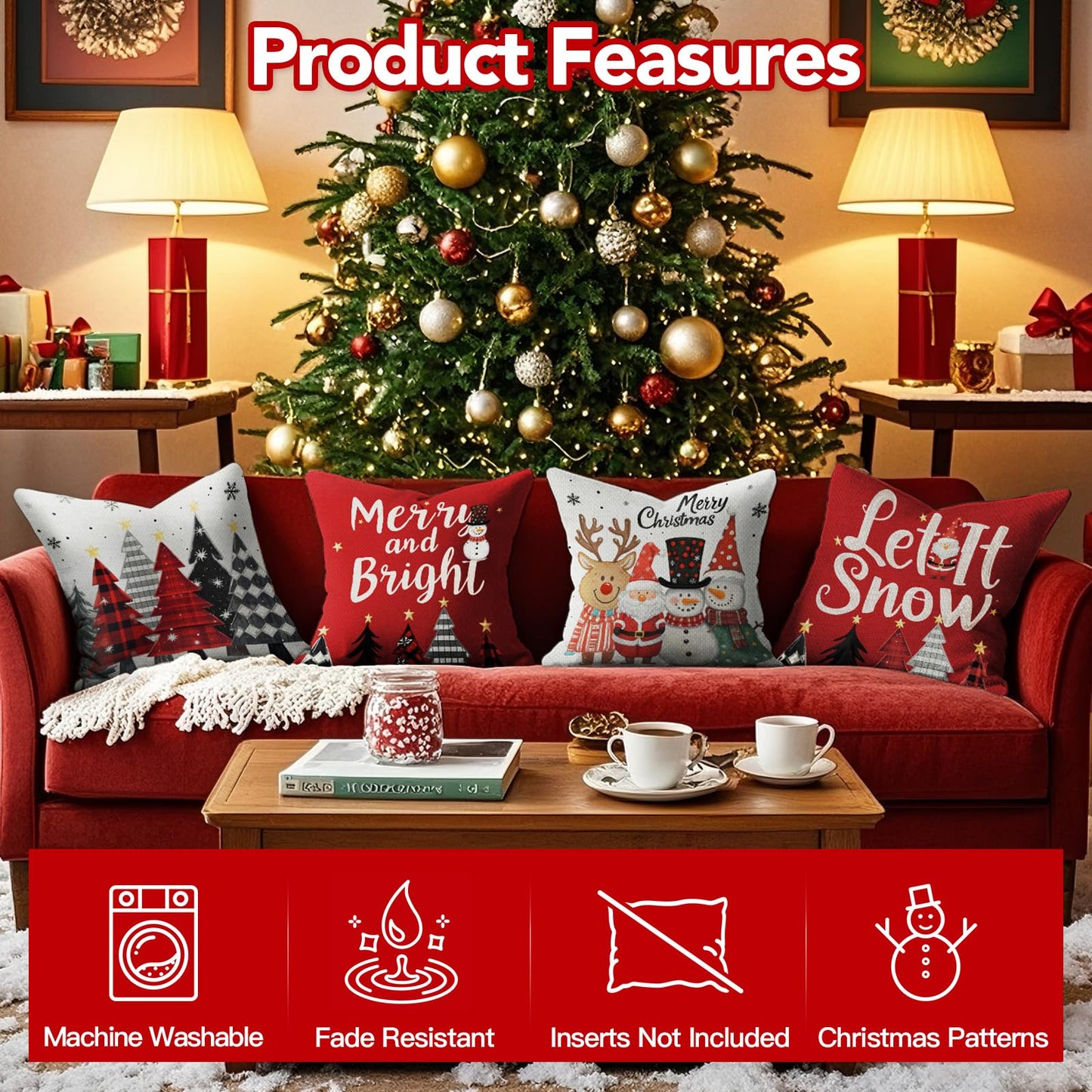 UPOFFICIS Christmas Pillow Covers 18x18 inch Set of 4, Christmas Decorations Cushion Covers, Xmas Pillow Covers, Pillowcases Throw Pillow Covers for Sofa Couch Home Decor