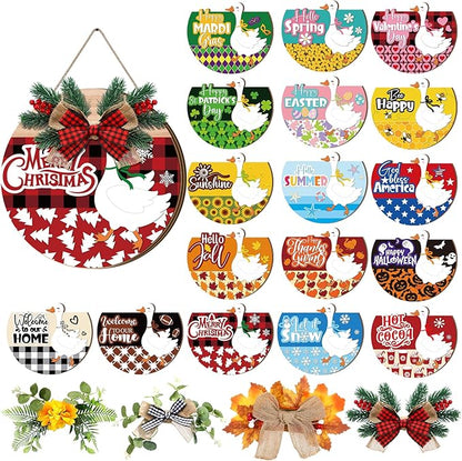 Vicenpal 22 Pcs Interchangeable Welcome Sign for Front Door with 17 Magnetic Icon Wooden Seasonal Front Porch Door Decor with 4 Seasonal Wreath for Holiday Halloween Christmas Gift (Light Brown,Goose)