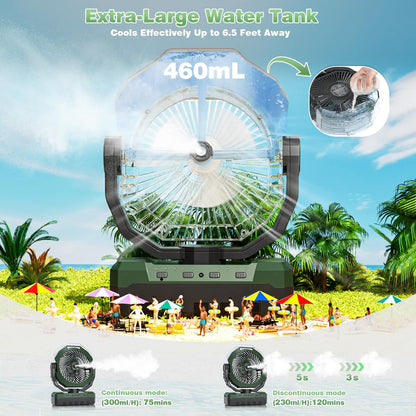 Portable Misting Fan 460ml Large Tank,24000mAh Rechargeable Battery Powered Camping Fan with 2 Meters Spray,Light & Remote,Jobsite Beach Summer Essentials,Mist Fans for Indoor,Outdoor, Patios, Travel
