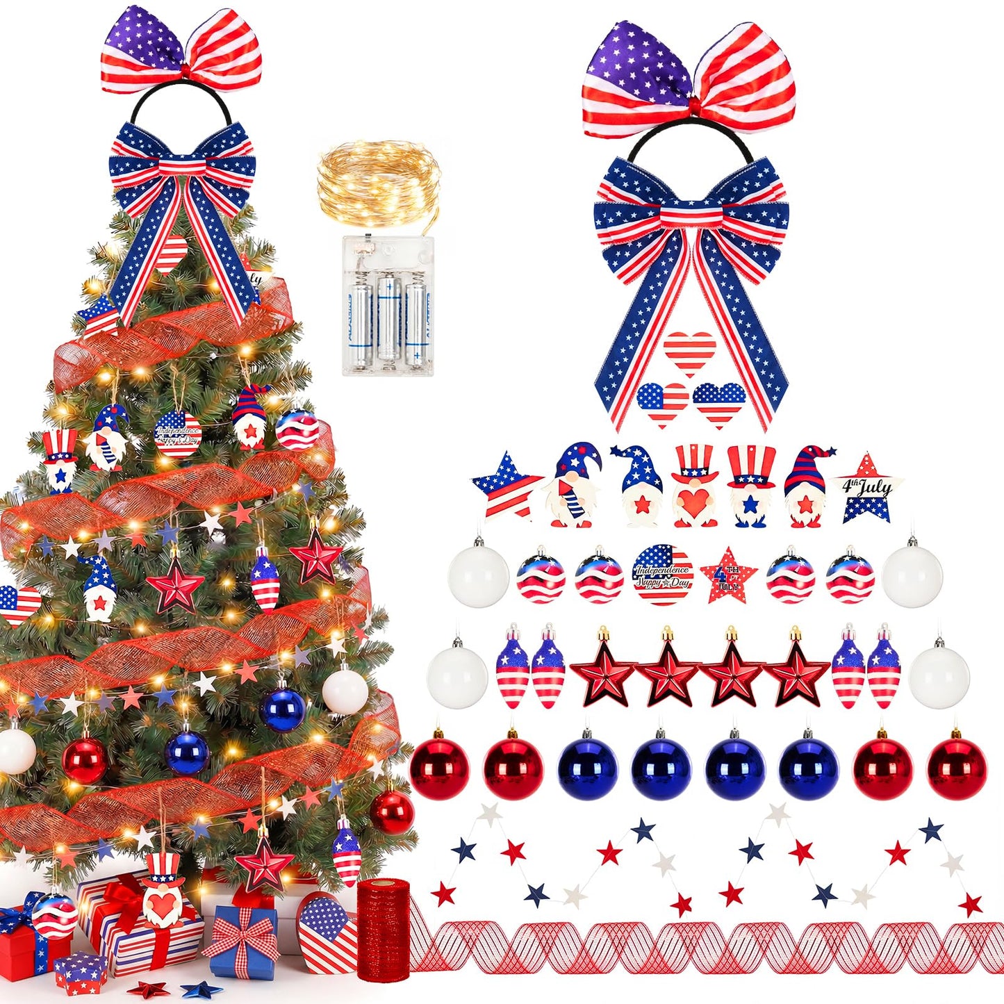 4th of July Christmas Tree Decorations Set with LED Light - Patriotic Red White and Blue Hanging Ornaments, Star Garland & Wreath Bow Tree Topper for Independence National Memorial Day Party