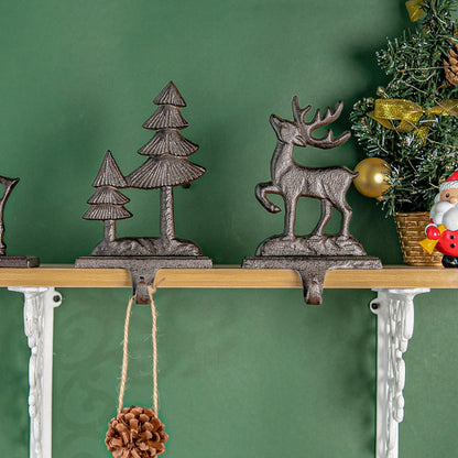 Sungmor Christmas Stocking Holders, 2PC Cast Iron Mantel Hooks Home Decor Holiday Gifts, Heavy-Duty Anti-Slip Fireplace Hangers, Christmas Tree Reindeer Pattern Hooks for Xmas Shelf Topper Decoration