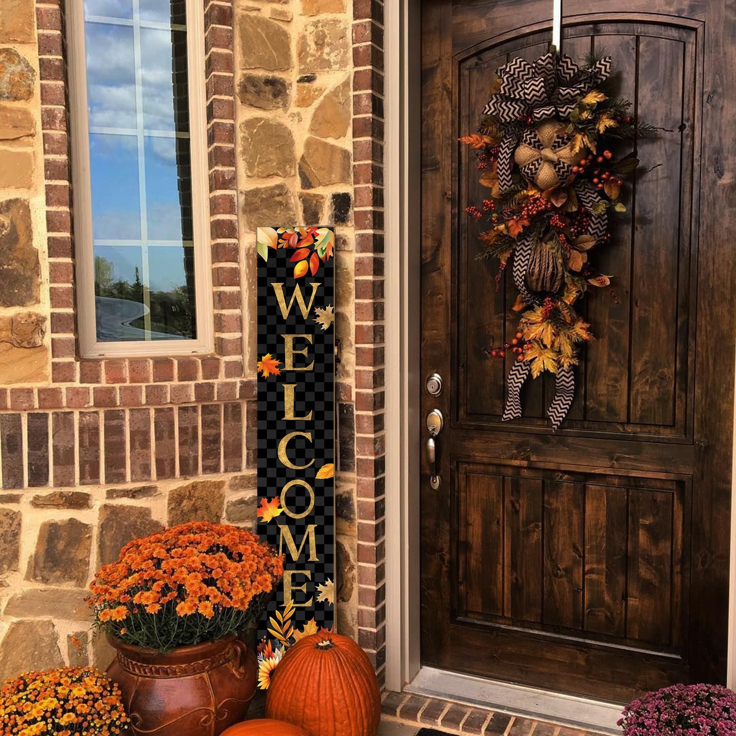 Fall Wooden Porch Sign 47" Autumn Pumpkin Maple Leaf Front Door Welcome Sign Vertical Standing Sign For Garden Home Yard Farmhouse Thanksgiving Decor