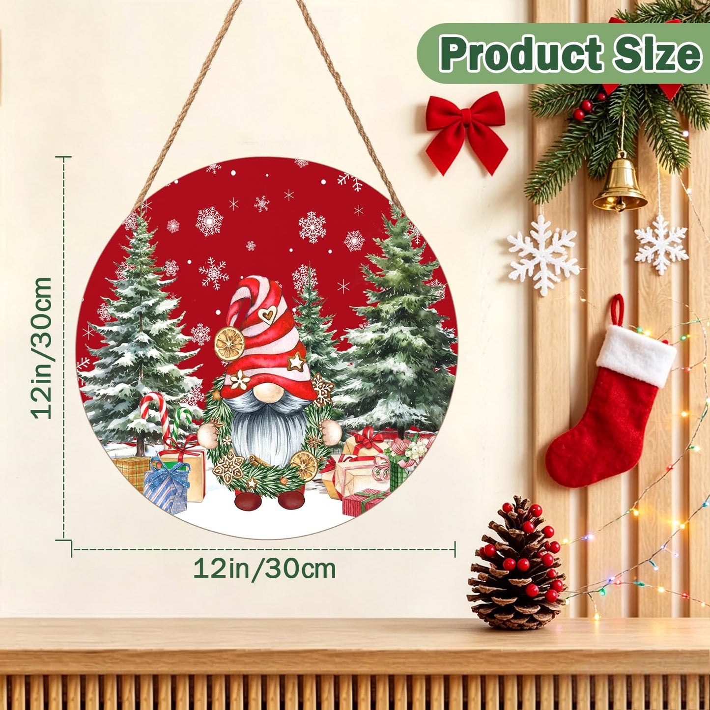 Christmas Gnome Welcome Sign - Merry Christmas Door Hanger, 12'x12' Wooden Hanging Sign for Front Door, Porch Decor, Winter Wreath