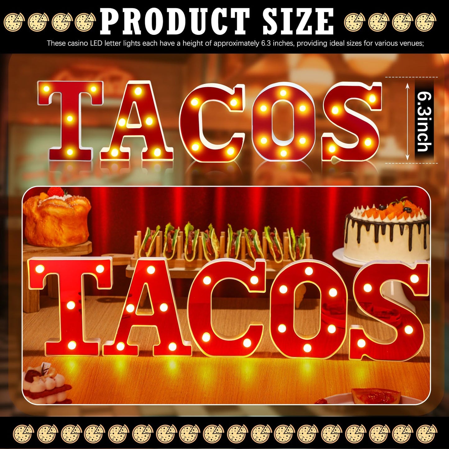 Aurelema Tacos Decorations 6.3" Light up Letters Mexican Cinco De Mayo Party Decorations Taco Bar Battery Powered Marquee LED Letter Sign for Mexican Tacos Theme Wedding Birthday Fiesta Party Supplies