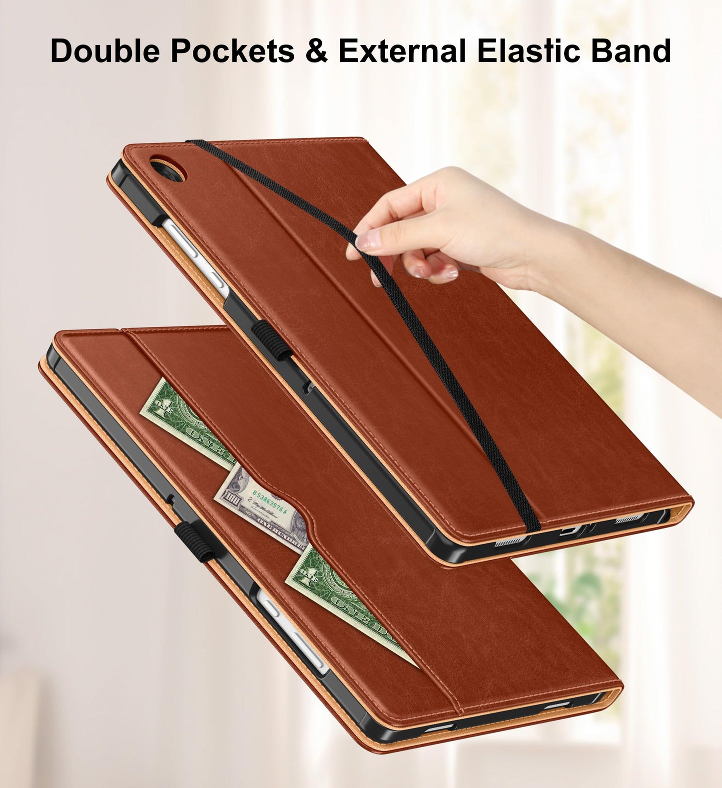 DTTO for Samsung Galaxy Tab A11+/A11 Plus/A9+ Plus 11 inch Case (2023/2026), Premium Leather Folio Stand Cover with Hand Strap for, Multi-Angle Viewing and Auto Wake/Sleep, Brown