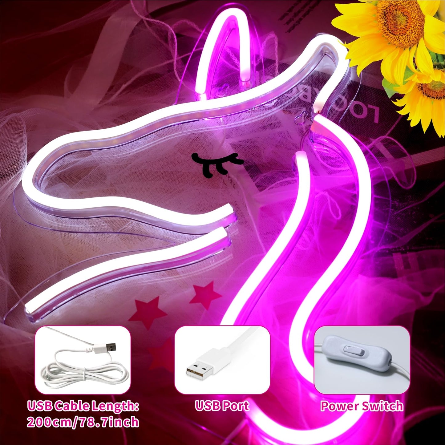Unicorn Neon Light, LED Neon Sign Night Light, Cute Unicorn Light Sign for Girls Room, Birthday Christmas Gift, Wedding, Party Wall Decor