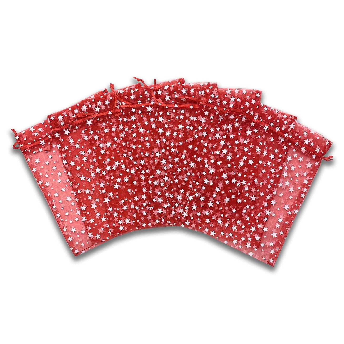 100-Pack 6x8 Sheer Organza Drawstring Gift Bags (Large) - Metallic Stars (Red/White) - Wedding Party Favors, Jewelry, Candy, Treats Mesh Pouch by The Display Guys