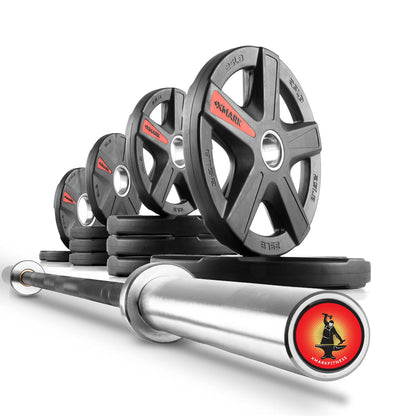XMARK Olympic Weight Set | 115 lb Texas Star Rubber-Coated Olympic Weight Set With XMARK Blacksmith Barbell Bar