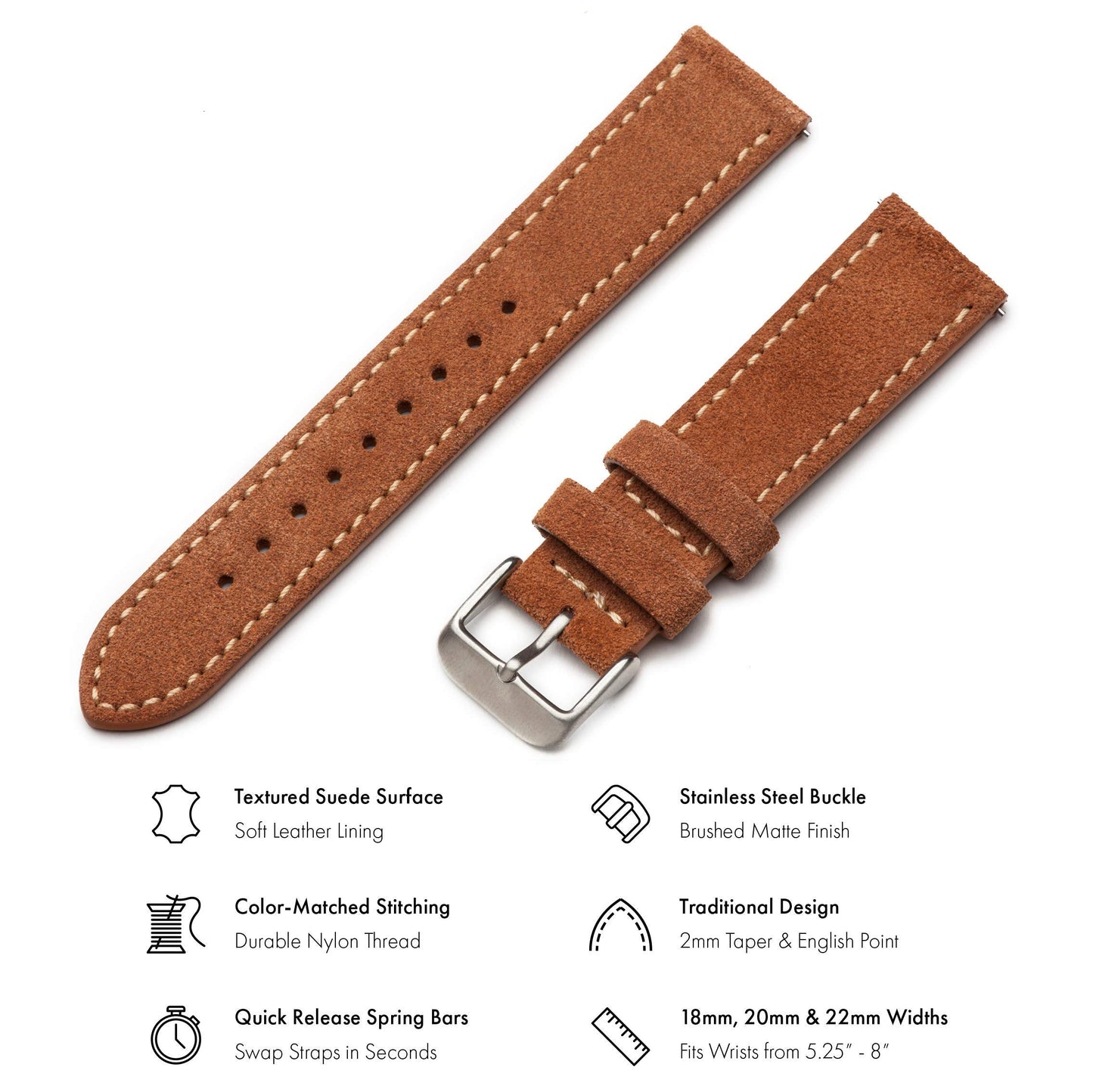Benchmark Suede 18mm Leather Watch Band – 18mm Quick Release Watch Band with Stainless-Steel Buckle & 9 Adjustable Holes – Brown Leather Watch Bands for Men & Women (18mm, Light Brown)