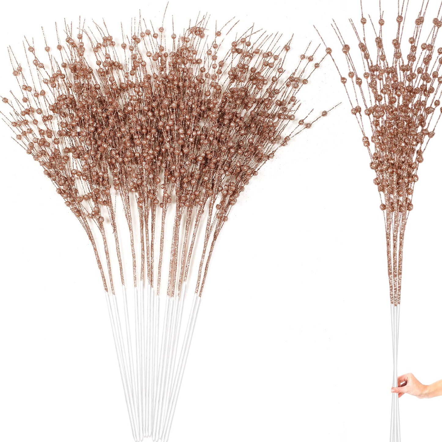 Geosar 14 Pcs Long Artificial Glitter Berry Stem Ornaments 28 Inch Christmas Picks Christmas Tree Decoration Stems Xmas Decorative Bead Sticks Glittery Twig Branches for DIY Wreath Decor(Rose Gold)