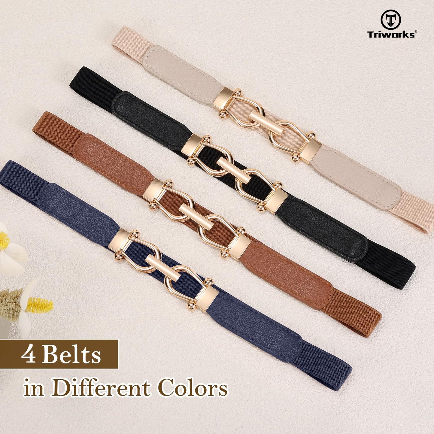 TRIWORKS 4 Pack Skinny Elastic Belts for Women Gold Buckle Thin Stretchy Waist Belts for Dresses