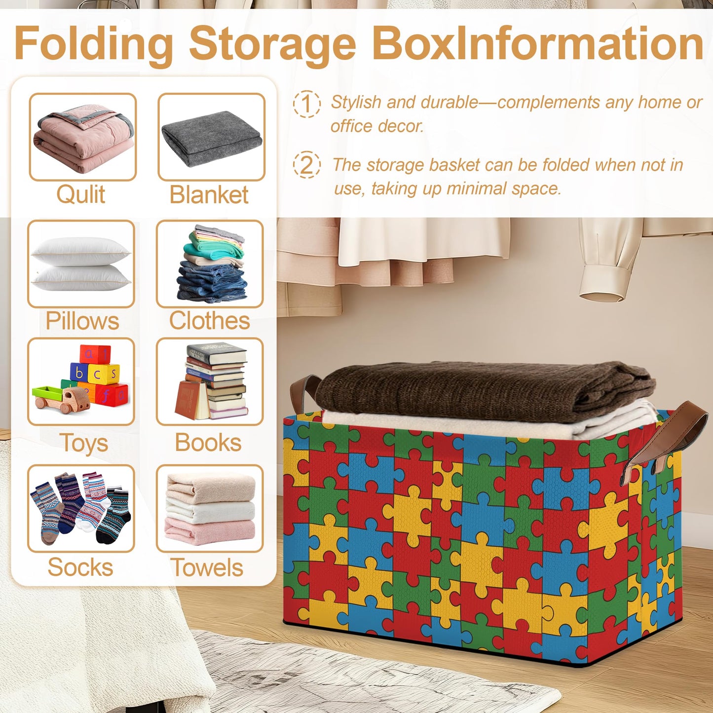 Oeaskly Storage Bins with Handles, Oxford Cloth Storage Basket with Sturdy Frame, Jigsaw Collapsible Organizer for Closet, Shelf, Clothes, Towels, Home Storage