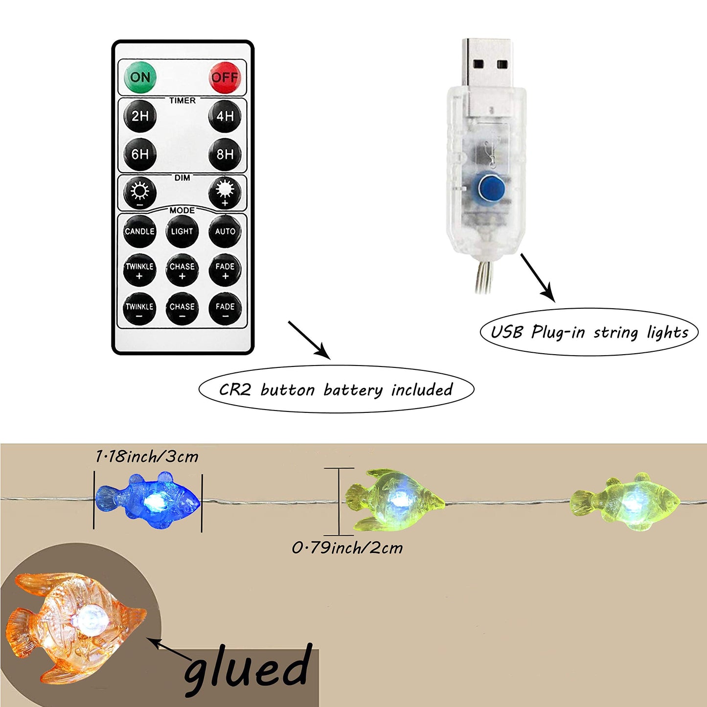 Cynzia Beach Ocean Fishes String Light, 40LED Decoration Lights USB Plug in with 8 Modes Remote Control, Waterproof Fairy Lights for Bedroom Party Outdoor Wedding Holiday Christmas
