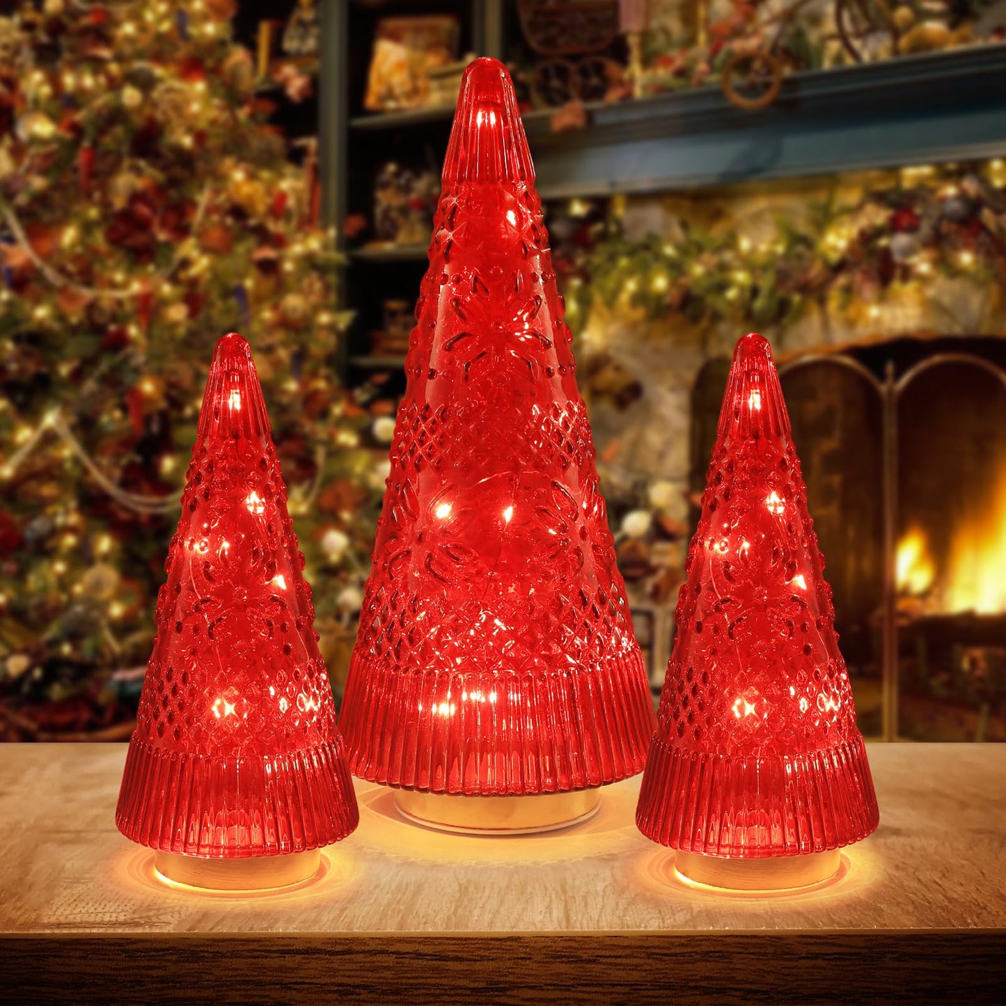 PHITRIC Christmas Decorations Indoor, 3 PCS Sparkling Glass Red Christmas Tree Table Centerpieces Decor with LED Lights and Timer, Xmas Tree Decorations for Home, Mantel, Shelf, Office, Tabletop