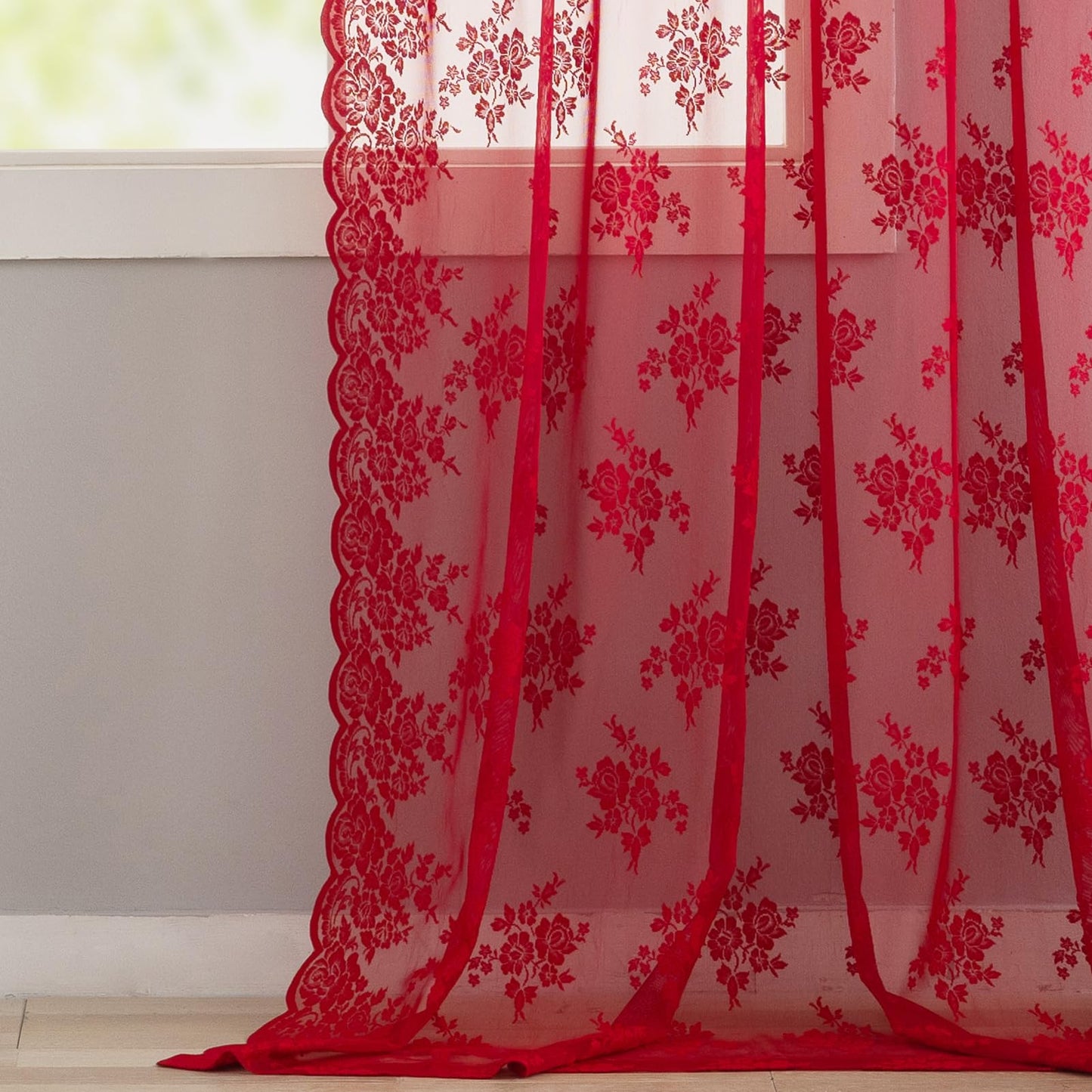 Kotile Red Sheer Lace Curtains 96 Inches Long, W52 x L96 Inch, 2 Panels Country Rustic Floral Red Lace Curtains for Living Room, Rod Pocket Privacy Light Filtering Christmas Sheer Window Curtain