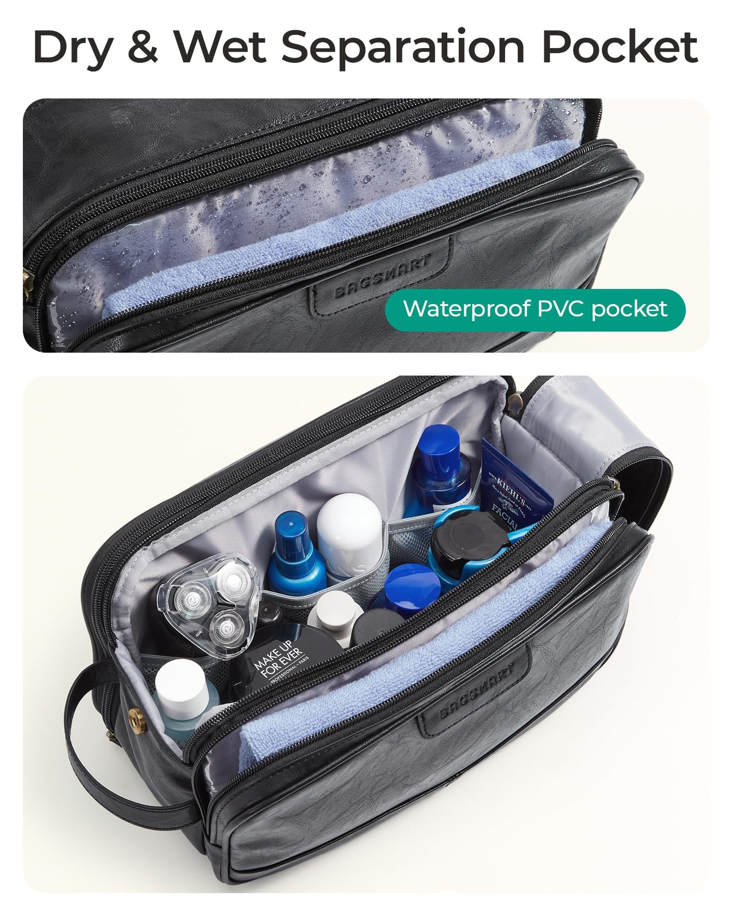 BAGSMART Medium Toiletry Bag for Men, PU Leather Travel Bag for Toiletries, Dopp Kit Water Resistant Shaving Bag for Bathroom Shower-Camel