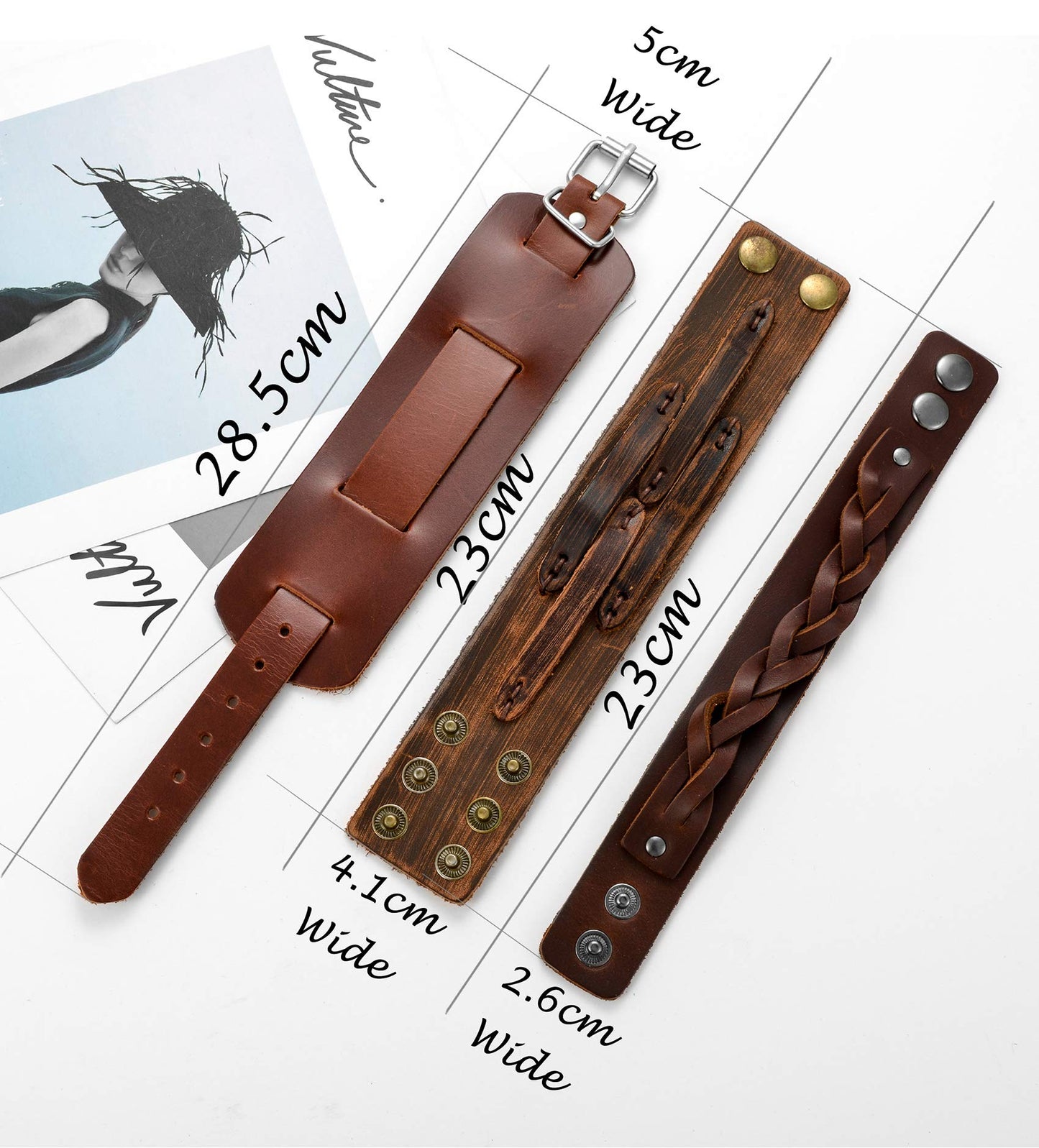 Tornito 3Pcs Genuine Leather Bracelet Braided Biker Cuff Strap Punk Wide Belt Bangle Wristband For Women Men Black Brown Size Adjustable