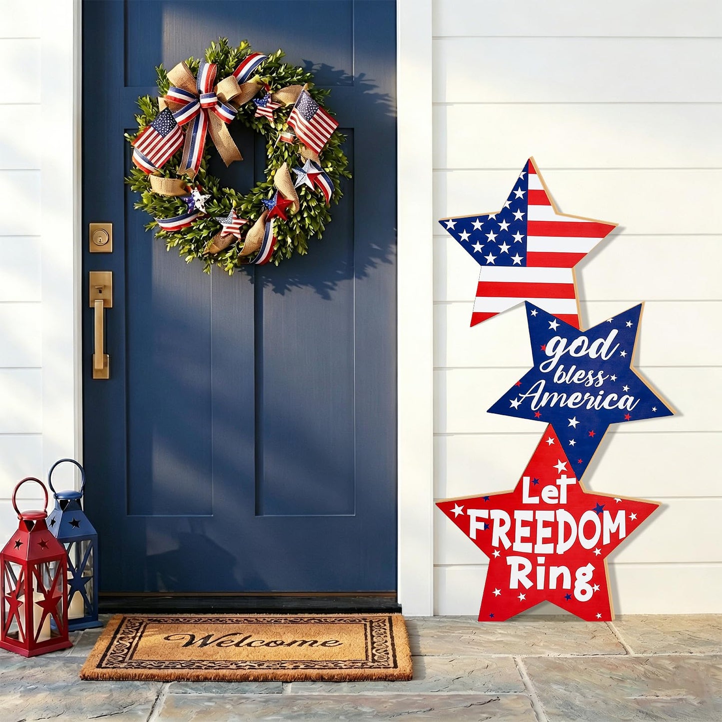LawnIdyll 4th of July Large Wooden Star Porch Sign, Independence Day Standing Decoration God Bless America Star Shape Sign for Patriotic 250 Anniversary Red White Blue Outdoor Indoor Yard Front Door