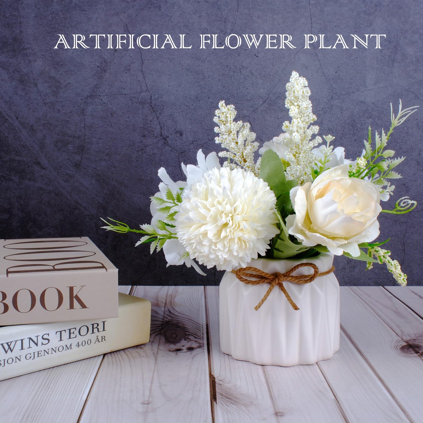 Artificial Potted Flowers White, Small Ceramic Vase Fake Flower Plants Desktop Decoration Indoor for Home and Office, Faux Flowers Hydrangea Decora for Table,Bookshelf,Bedroom,Living Room.(White)