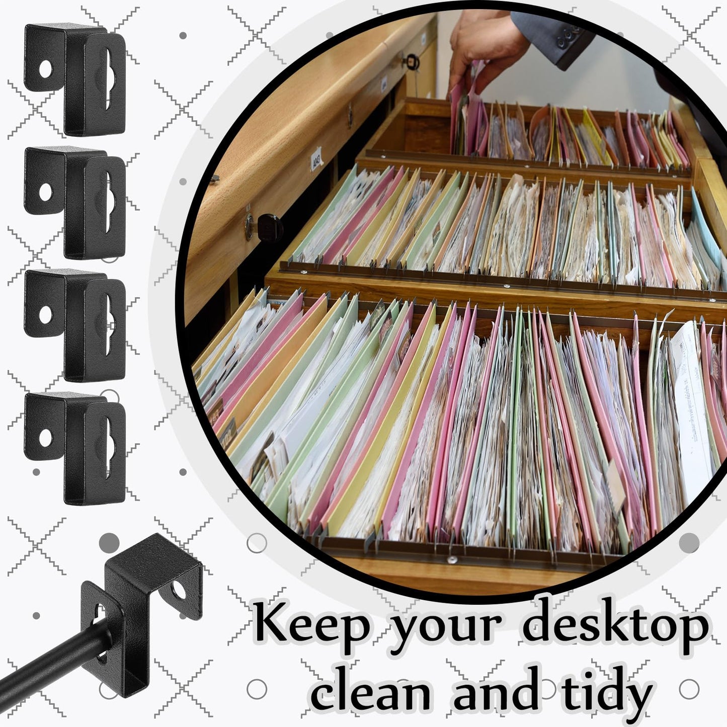 Trandraft 4 Set 12 Pcs Black Metal Hanging File Bracket Clips 8 Hanging Rail Clip 4 File Cabinet Rails Fits 1/2 Drawer Side Document Folder Frame Document Hangers for Cabinets Storage