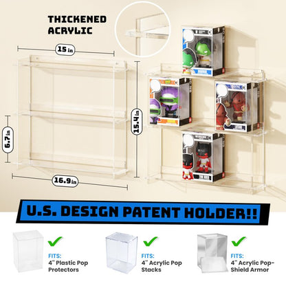 WINKINE Wall Display Shelves Compatible with 21 Funko Pop in Box, Easy Install - Only 2 Screws per Shelf, Acrylic Floating Shelves Stackable, Action Figure Stand, Collectibles Display Case, 2 Pack