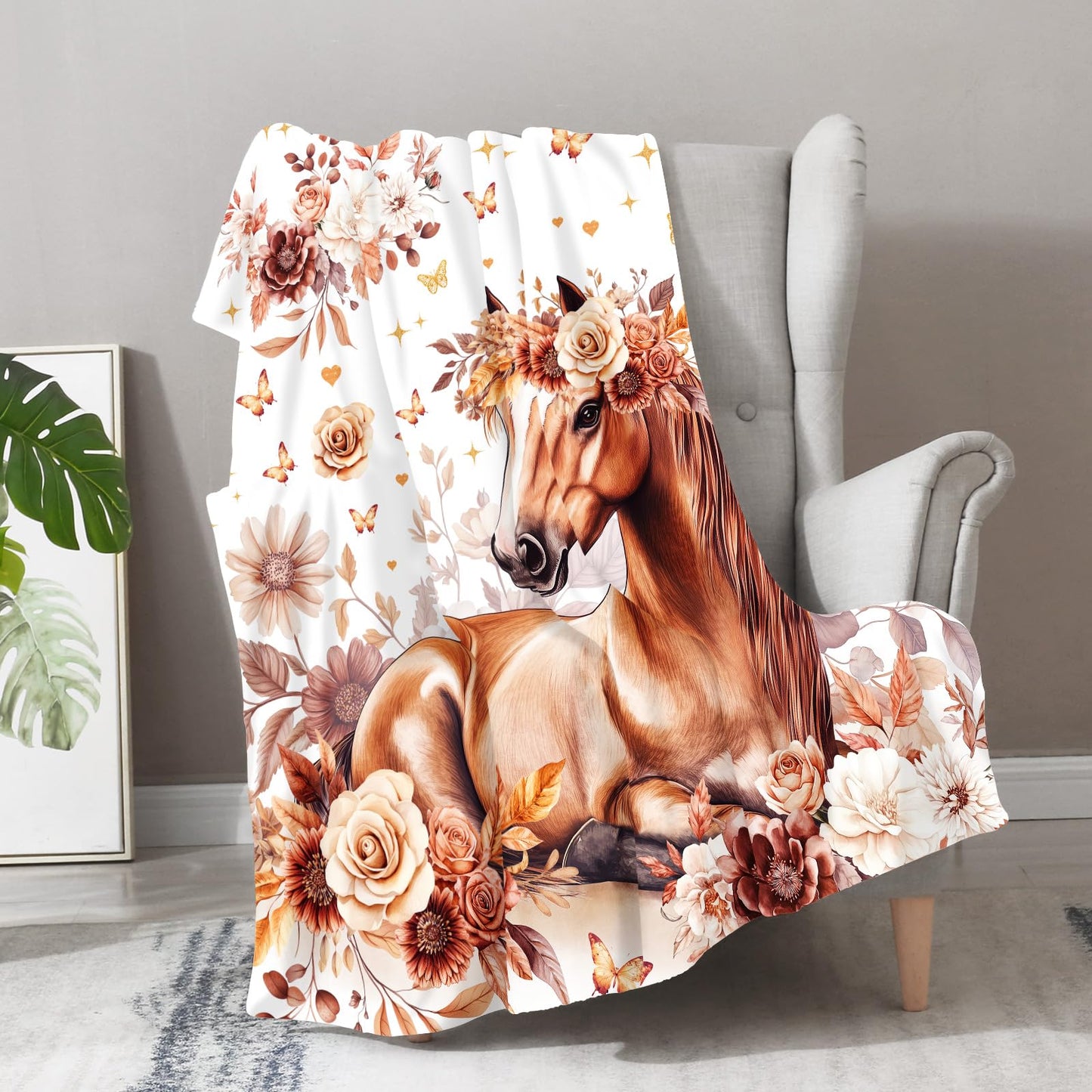 Horse Blanket Gifts for Girls Women Teens Flowers Cute Horses Lovers Living Room Decor Soft Cozy Bed Couch Plush Birthday Christmas Throw Blanket 50"x60"