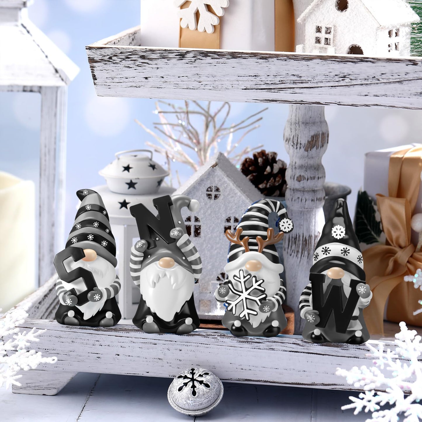 ShinyRelief 4 Pcs Winter Figurines Resin Gnome Tabletop Snowflake Antlers Sculpture Decoration Winter Black White Centerpiece for Home Dining Room Party Supplies Gifts Decor